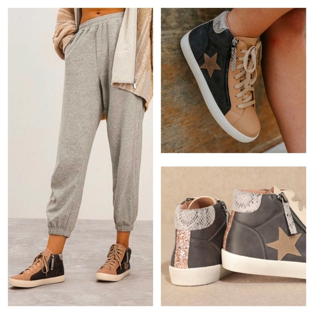 Mi.iM Elle Dark Gray Leather Lace-up High Top Star Sneakers